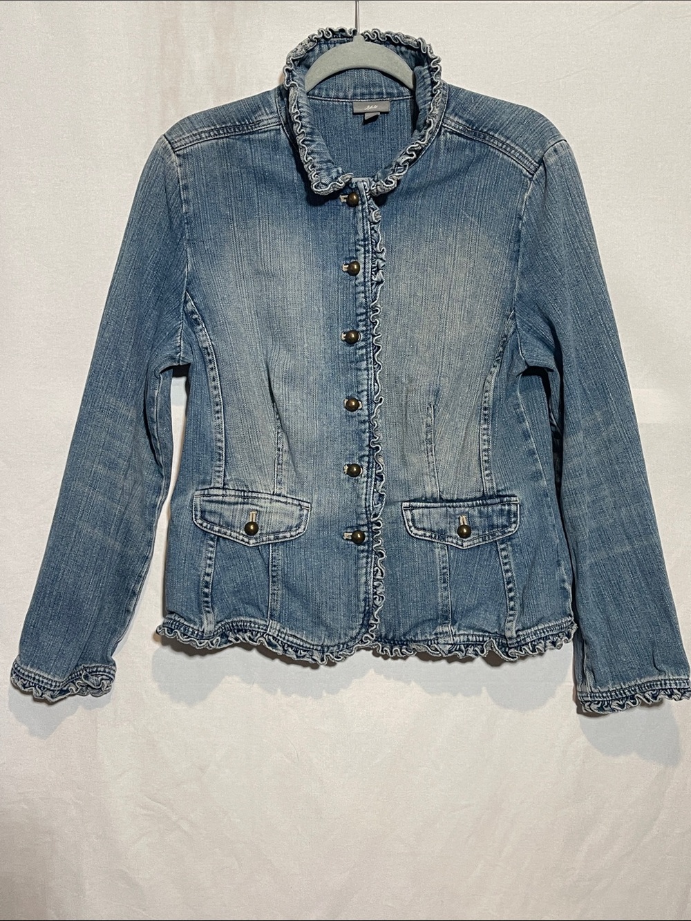 J. Jill Ruffle Trim Denim Jacket Blue Jean Blazer Lettuce Edge Size M